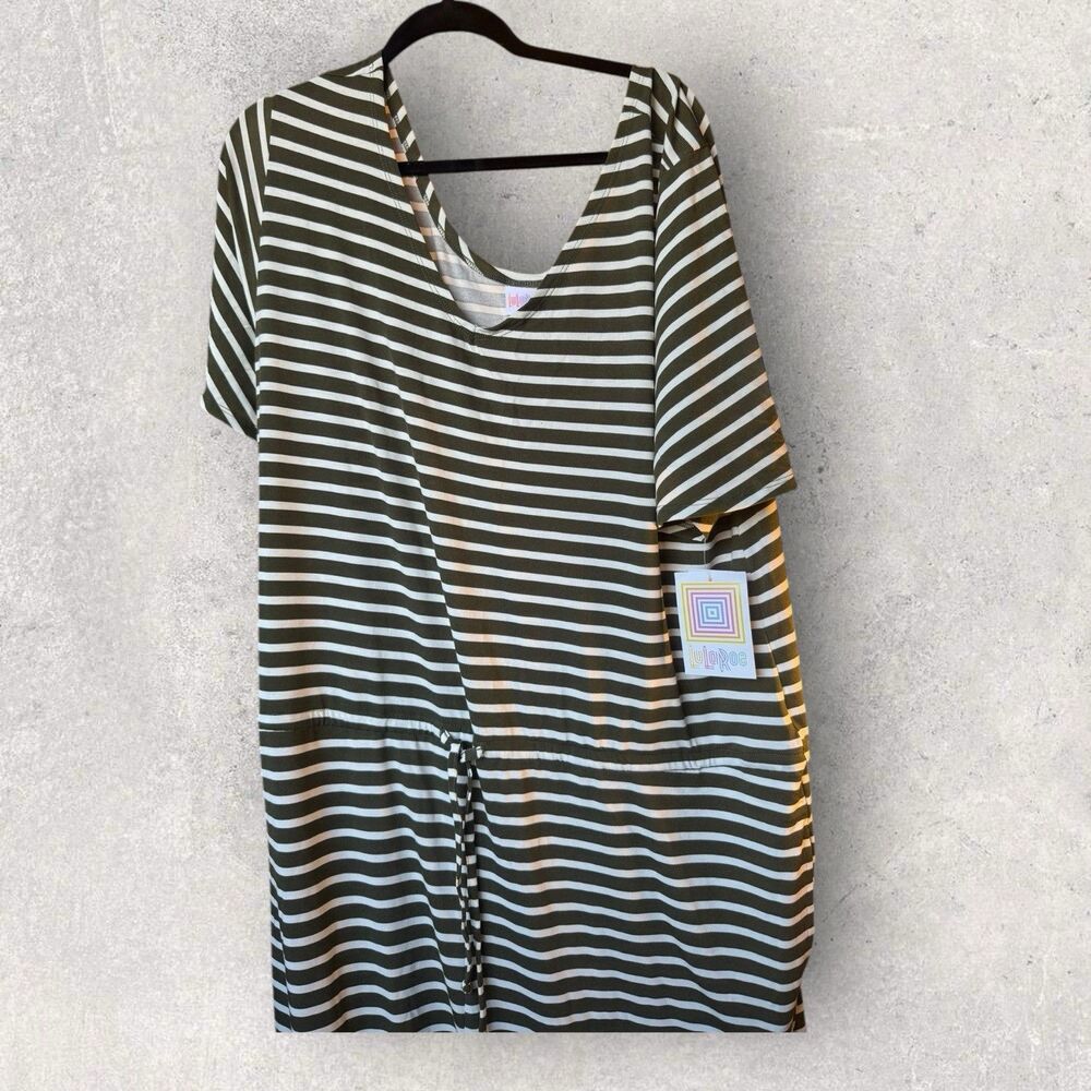 Lularoe 3XL XOE Romper Jumpsuit V-neck Green And White Stripe Print NWT